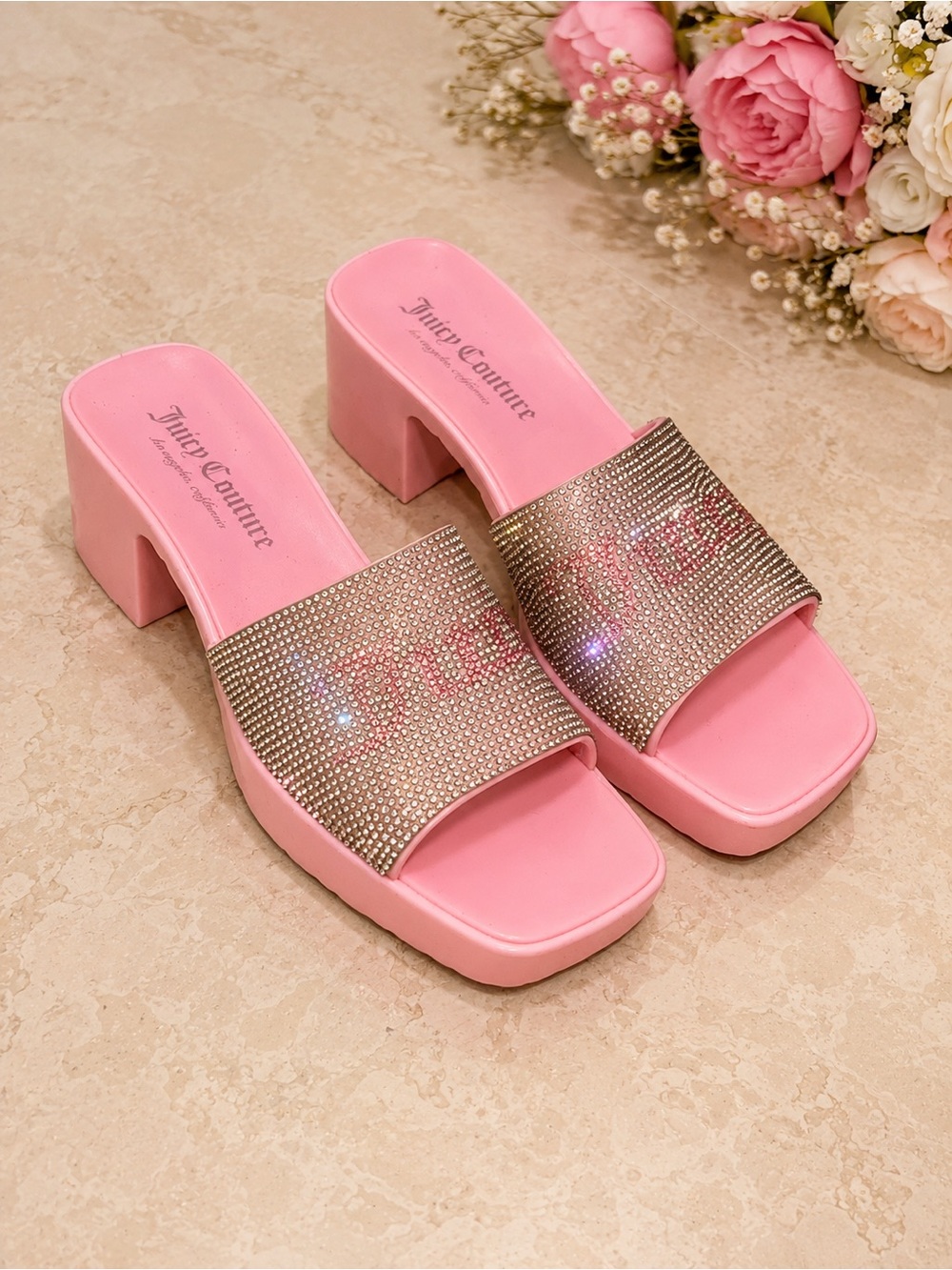 Juicy Couture Pink Crystal-Embellished Slide Mules - Picture 2 of 2